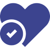 A blue heart with a check mark inside of it.