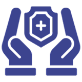 A blue icon of hands holding a shield.